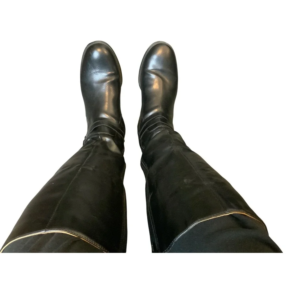 Womens Black Knee High Boots Ribbed Knit Back Side Zip Buckle Detail Flat Heel